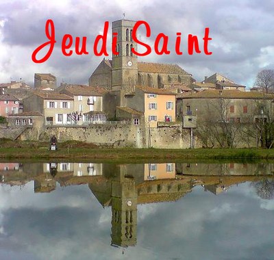 Trèbes, église et son reflet dans l'Aude. copie